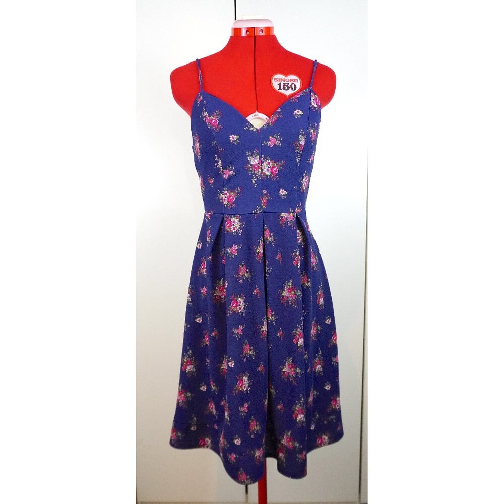 ModCloth (Fervour) "Open-Air Flair" Pleated A-Line Dress in Navy Floral